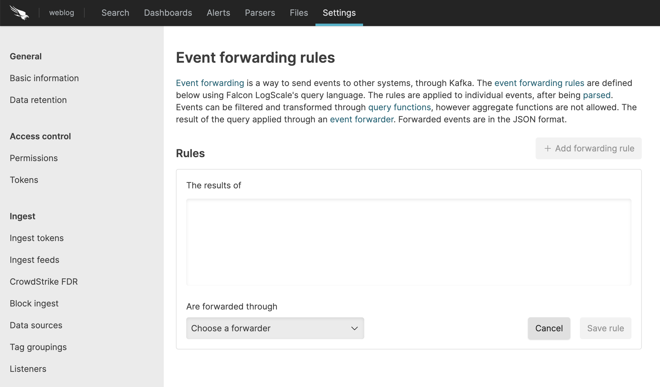 Screenshot of the LogScale Event Forwarding Rules configuration interface showing the repository settings page where users can create and manage rules for forwarding events to external systems. The interface displays a form with fields for entering query rules to filter which events should be forwarded and a dropdown selector for choosing the target event forwarder. The panel includes options to save the rule configuration and displays any existing event forwarding rules already configured for the repository. This interface allows administrators to control precisely which events get forwarded from LogScale to external systems like Kafka for further processing or integration.