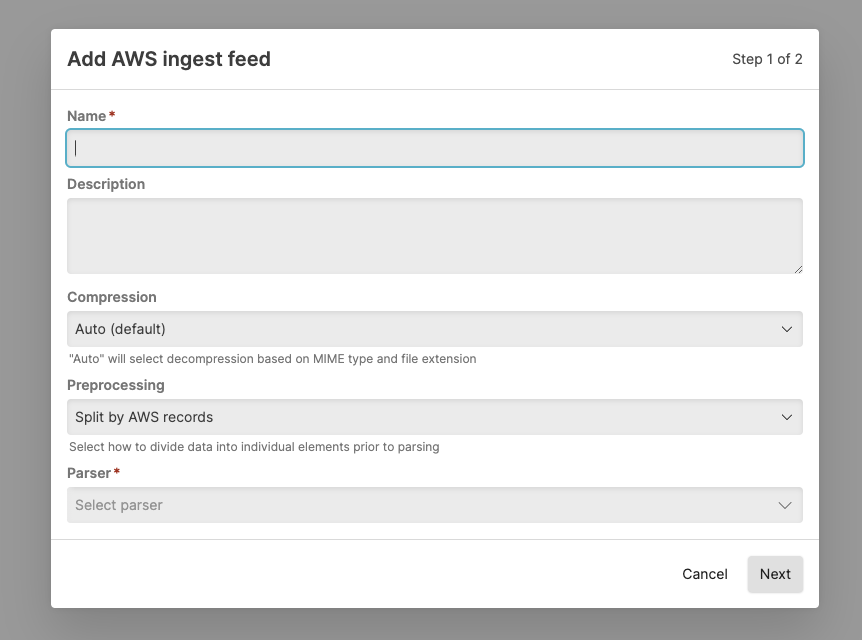 Screenshot of the LogScale 'New ingest feed' configuration dialog showing the first step of the AWS S3 ingest feed setup process. The form displays required and optional input fields for creating a new feed configuration, including: a Name field for providing a unique identifier for the feed (marked as required), a Description field for adding contextual information about the feed's purpose, a Compression dropdown menu defaulting to 'Auto' for specifying how data files should be decompressed, a Preprocessing selection for defining how incoming data should be processed (with options for splitting by AWS records or by new line), and a Parser selection field (marked as required) for choosing which parser to apply to the ingested data. The dialog includes 'Next' and 'Cancel' buttons at the bottom to either proceed with the configuration or abort the process.