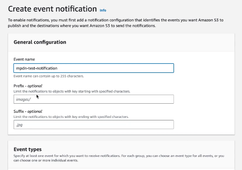Screenshot of the AWS S3 bucket properties interface showing the 'Create event notification' configuration panel. This image displays the initial step in setting up event notifications that will trigger when new objects are created in the S3 bucket. The interface shows the AWS Management Console where administrators configure which S3 bucket events will be sent to the SQS queue that LogScale monitors. The panel includes options for creating a new event notification rule that will inform LogScale's ingest system when new log data is available for processing. This configuration step is essential in the LogScale AWS ingest feed setup workflow, as it establishes the automated mechanism that notifies LogScale when new data appears in the bucket. Without properly configured event notifications, LogScale would be unable to detect and process new log files as they arrive in the S3 storage. The interface highlights where users should select 'All objects create events' to ensure LogScale can ingest all new data added to the bucket.