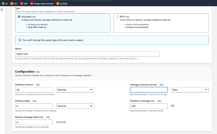 Screenshot of the AWS SQS queue configuration interface showing the creation form for a standard queue to be used with LogScale ingest feeds. The interface displays configuration fields including the queue name input and message retention period setting, which is recommended to be set to the maximum of 14 days.