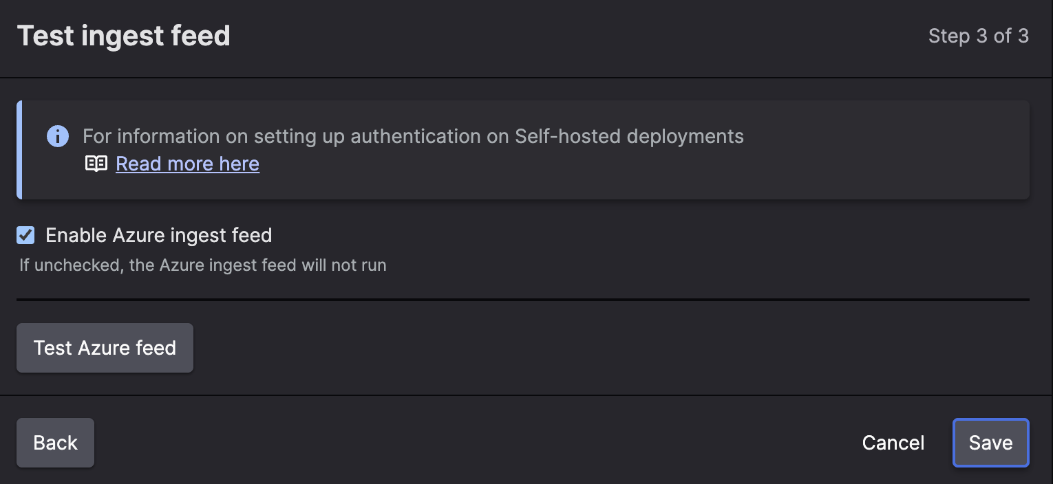 Screenshot of the LogScale Azure feed test verification dialog showing the results of a connection test between LogScale and Azure Event Hub. This image displays the feedback interface that appears after clicking the 'Test Azure feeds' button, presenting the outcome of LogScale's attempt to validate the provided connection parameters and credentials. The interface shows a connection status indicator that confirms whether LogScale could successfully authenticate with Azure using the provided credentials, connect to the specified Event Hub namespace, locate the named Event Hub, access the specified storage account, and verify permissions on the blob container. This verification step is critical in the configuration workflow as it catches potential connection issues before they disrupt production data ingestion, helping administrators identify and fix credential problems, permission issues, or typos in connection parameters. The test results provide immediate feedback about each component of the Azure connection chain, allowing administrators to confidently save working configurations or troubleshoot specific connection problems before proceeding with the final setup.