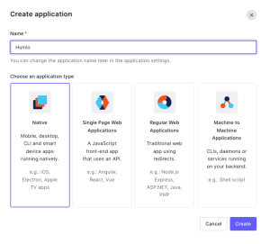 Screenshot of the Auth0 application creation dialog showing the name field and application type selection, with Regular Web Applications highlighted as the required option for LogScale integration
