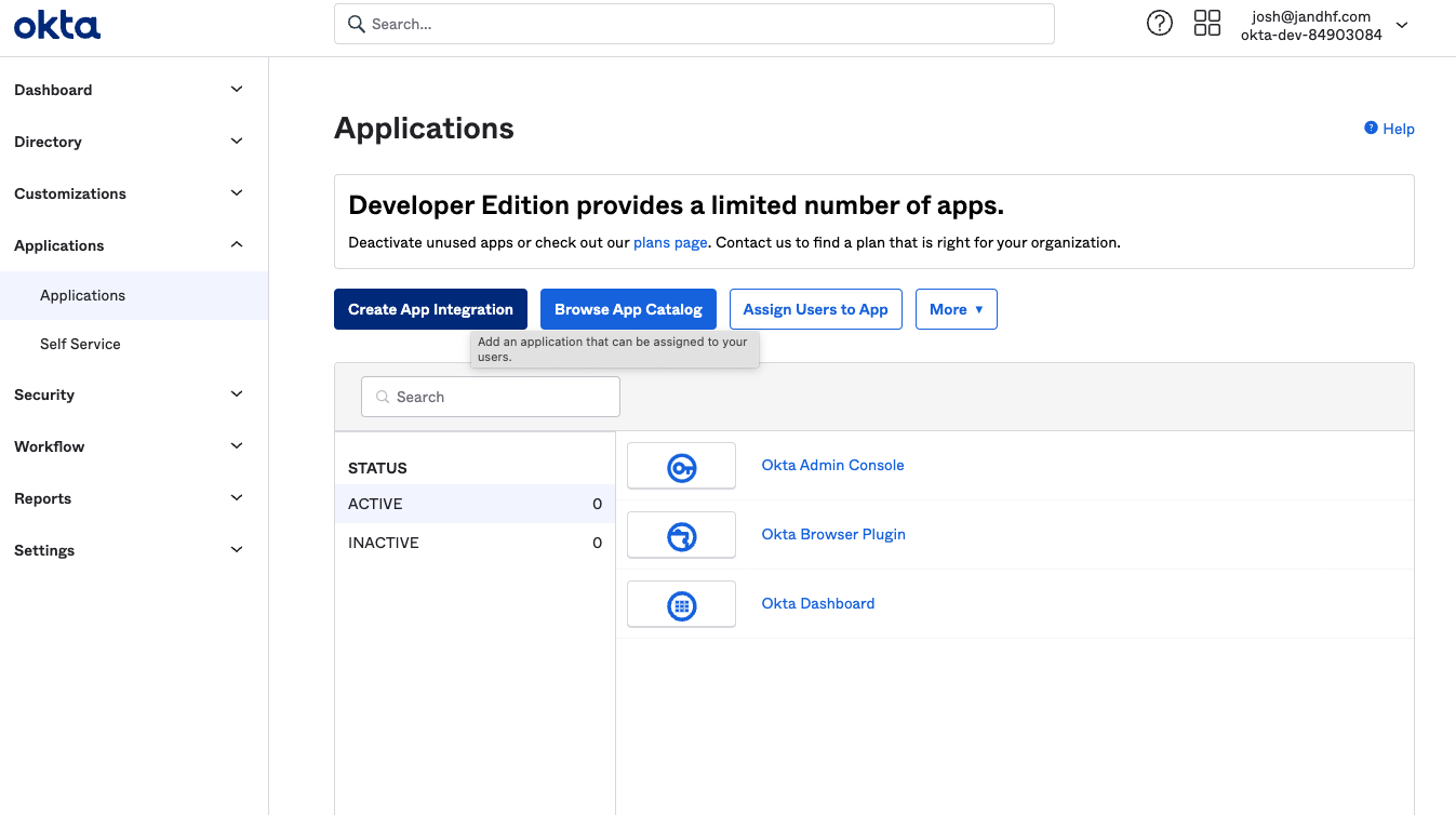 Screenshot of the Okta Applications page with the 'Create App Integration' button highlighted