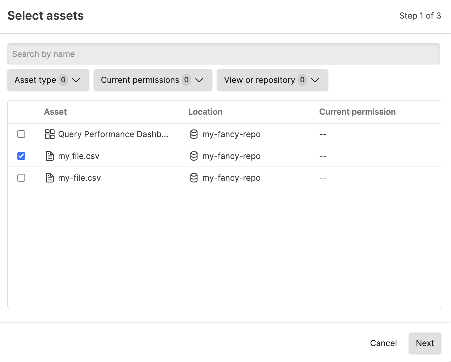 Screenshot of the 'Select asset to assign' dialog showing a filterable list of available assets that can be assigned to a group. The interface includes filter buttons at the top to narrow down assets by type or location, a scrollable list of assets organized by repository or view in the main area, and a 'Next' button at the bottom to proceed with the permission assignment workflow. This dialog appears after clicking '+Assign asset' in the Asset permissions tab and allows administrators to precisely select which specific asset will receive custom permission settings for the entire group.