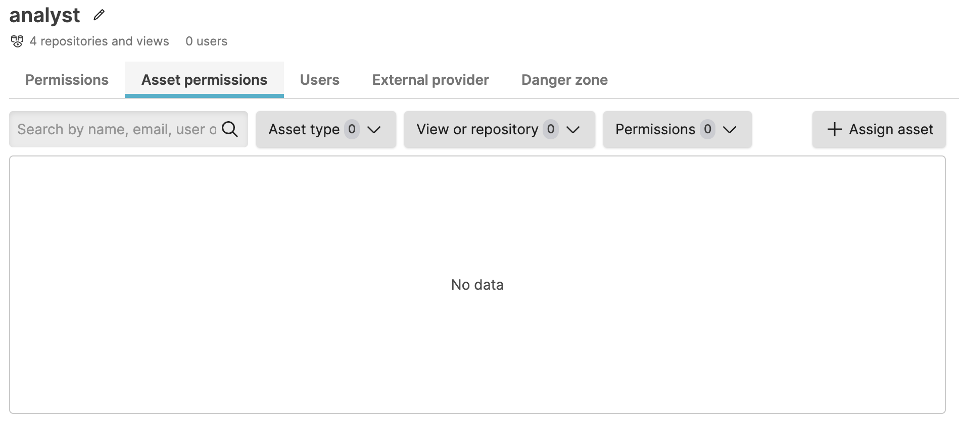 Screenshot of the LogScale Asset permissions interface showing a filterable list of all assets to which a selected group has access. The screen displays the Asset permissions tab with asset names, their types, associated repositories or views, and the specific permissions granted to the group for each asset. Filter buttons at the top allow administrators to narrow the displayed assets by various criteria, while a prominent '+Assign asset' button provides the entry point for granting additional permissions.