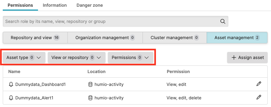 Screenshot of the LogScale Asset permissions interface showing a filterable list of all assets to which a selected user has access. The screen displays asset names, their types, associated repositories or views, and the specific permissions granted for each asset. Filter buttons at the top allow administrators to narrow the displayed assets by various criteria, while a prominent '+Assign asset' button provides the entry point for granting additional permissions. This interface allows administrators to comprehensively view and manage granular asset-level permissions for individual users.