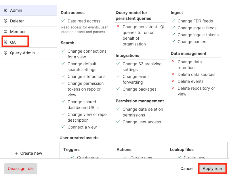 Screenshot of the LogScale role selection dialog showing a list of available roles that can be assigned to a user and an 'Apply role' button at the bottom. This interface appears after clicking the edit icon in the Role Source section and allows administrators to change which role is assigned to the selected user. The dialog provides options to either select from existing roles or navigate to creating a new custom role, forming a key step in the user permission management workflow.