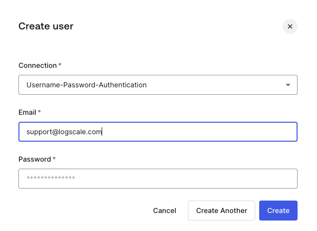 Screenshot of the Auth0 Users section showing the "Create User" button that is used to add new users who will have access to LogScale through SAML authentication.