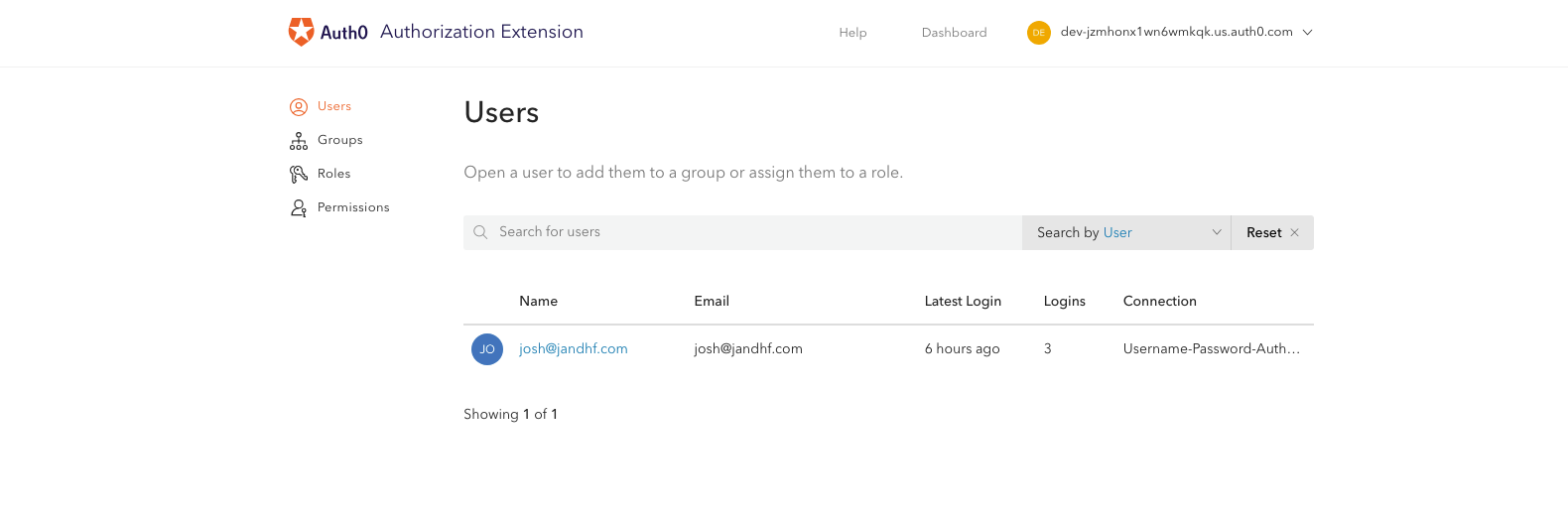 Screenshot showing the Groups section within the Auth0 Authorization extension, where administrators can create and manage user groups for LogScale access control.