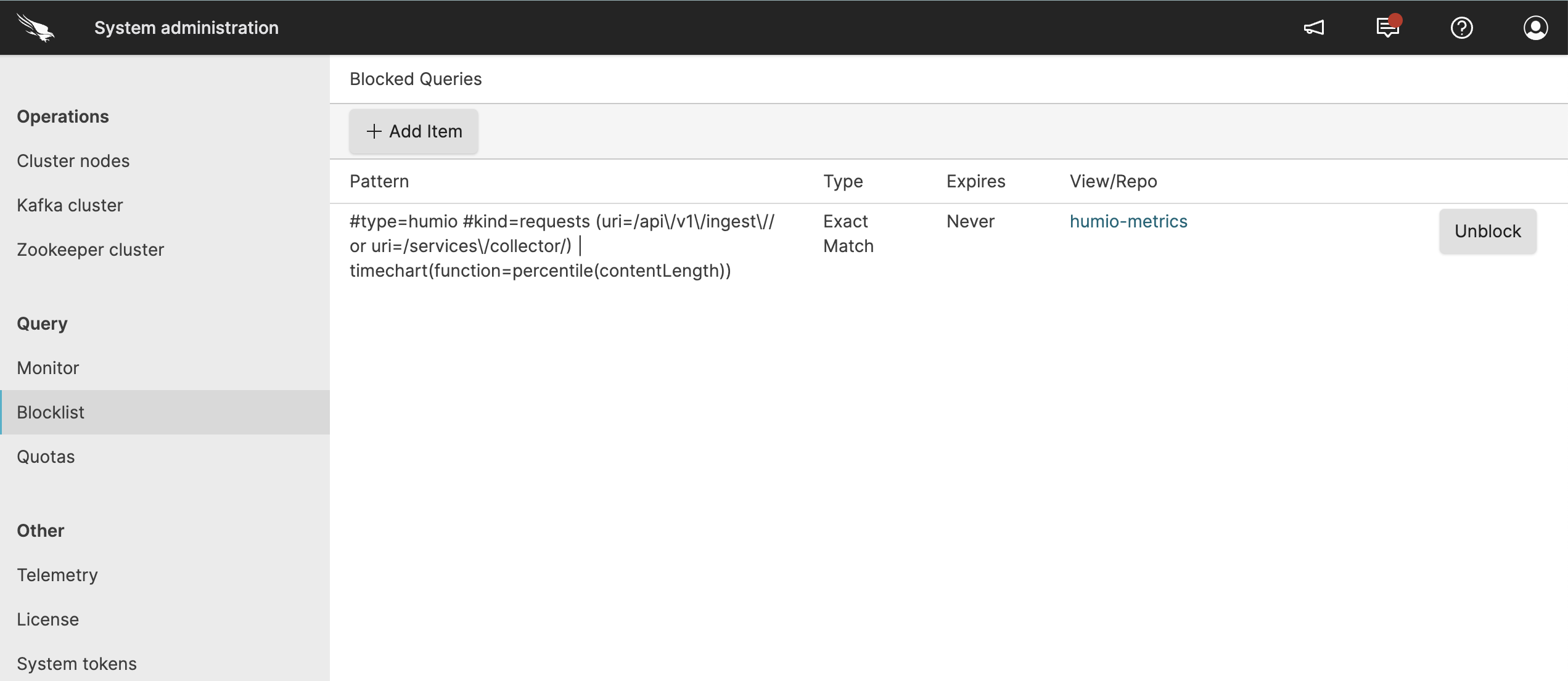 Screenshot of the Query Administration Blocklist interface showing a tabular view of currently blocked queries. The table displays columns for Pattern (query string or regex being blocked), Type (Exact Match or Regular Expression), Expiration time, and target View/Repository. This administrative interface allows LogScale administrators to view, manage, and configure query restrictions to prevent execution of problematic or resource-intensive queries across the system.