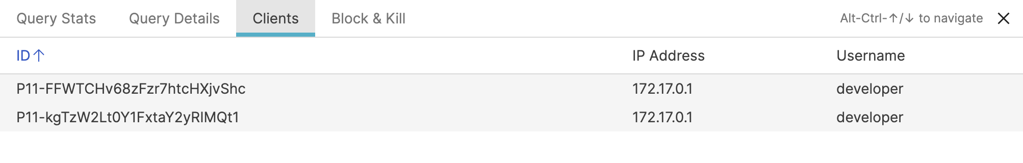 Screenshot of the LogScale Organization Query Monitor Clients Panel showing a tabular list of clients executing the currently selected query. The panel displays a three-column table with client ID (unique internal identifier), IP Address (network location of each client), and Username (user account that initiated the query). This view allows administrators to identify all users and connection points accessing the same query, which is particularly useful when multiple clients have opened the same dashboard simultaneously. The panel helps track query origin and usage patterns across the organization's network.