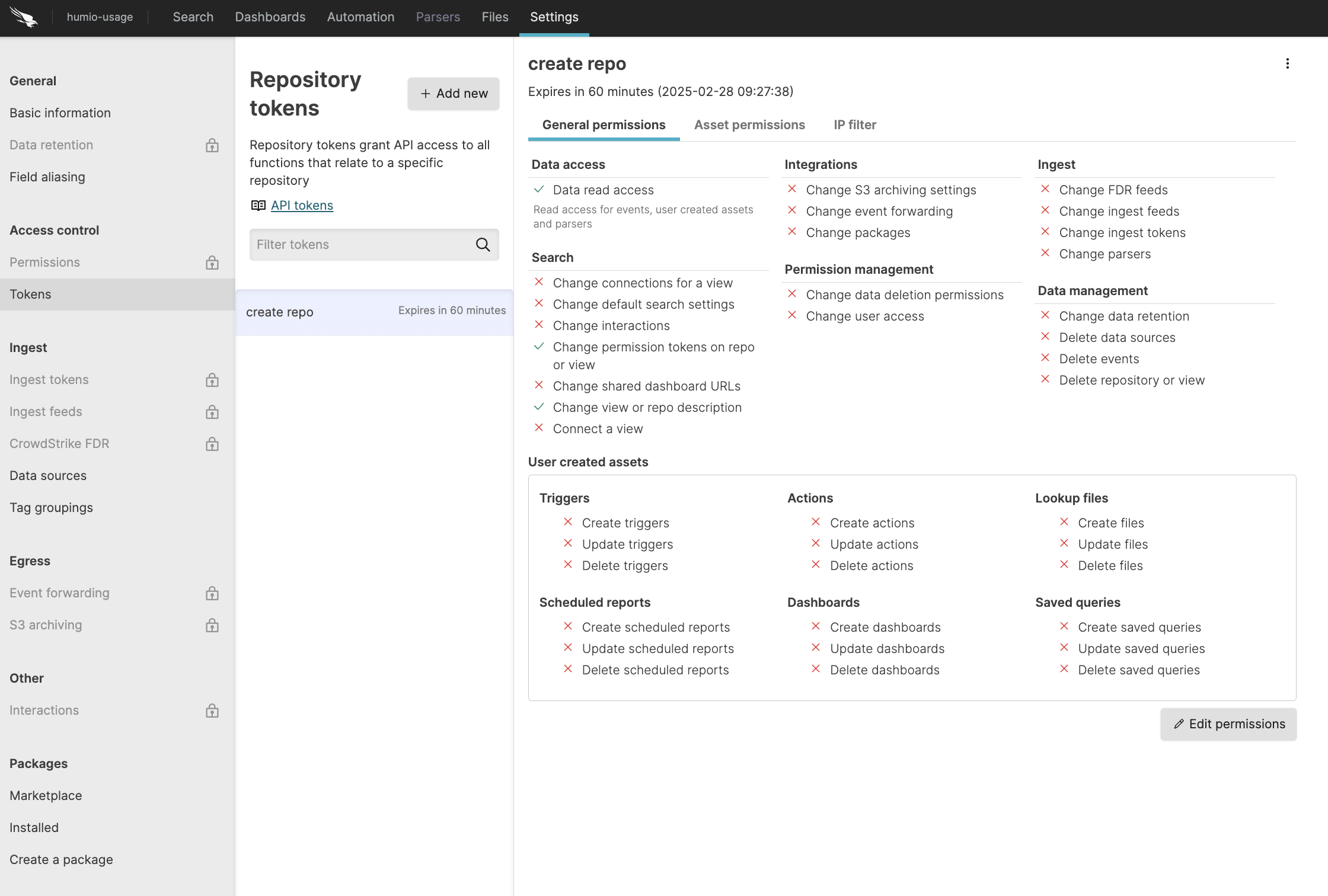Screenshot of the LogScale Repository Tokens management interface showing the administrative panel where users can view and manage API tokens associated with a specific repository or view. The interface displays a tabular list of existing API tokens with columns showing token names and their configured expiration periods. At the top of the panel is a search field for filtering tokens by name, and a '+ Add new' button for creating additional tokens. Each token entry in the list can be selected to access detailed information including permissions granted, IP filter restrictions, and token management options. This interface allows administrators to monitor active repository-level API access, create new tokens with granular permissions, and manage existing tokens including permission updates and deletion. The panel appears after navigating to Settings then Tokens from a repository's main page.