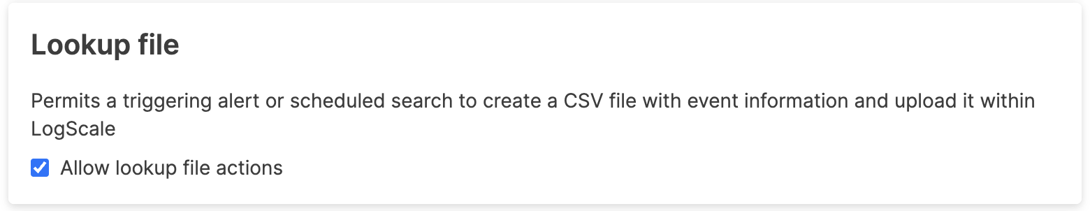 Lookup file action security policy page displaying Allow upload file actions checkbox for enabling or disabling file upload functionality.