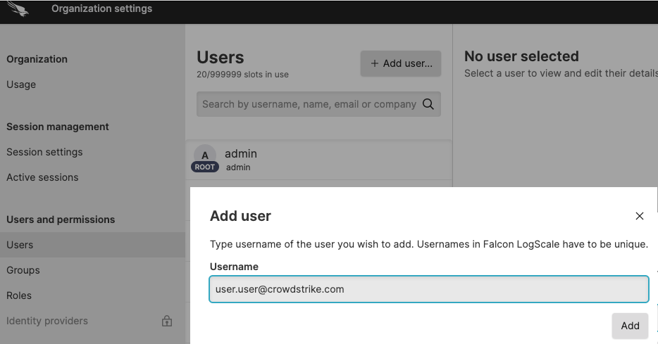 Screenshot of the LogScale 'Add User' form interface showing input fields for entering new user account information such as username, name, and email. This dialog appears after clicking the '+ Add User' button in the Organization Settings Users section and includes a Save button at the bottom to complete the user creation process. This interface is only accessible to Organization Owners or users with the 'Manage users' permission.