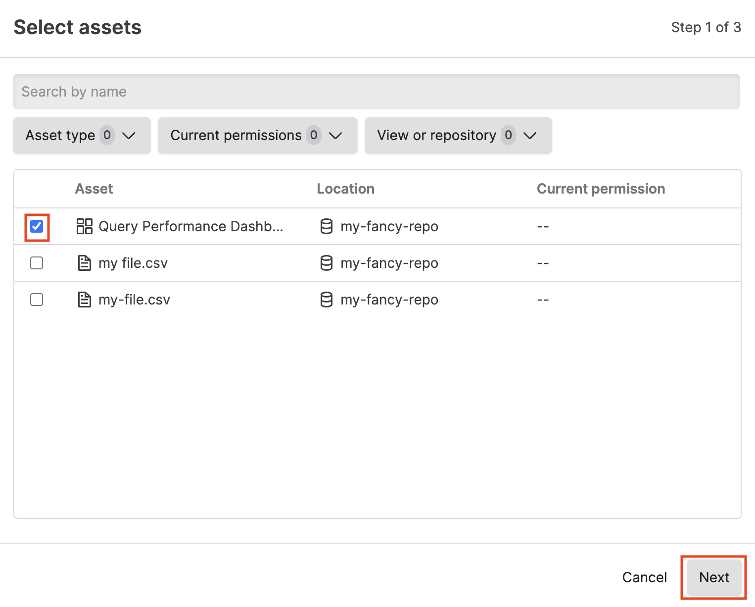 Screenshot of the LogScale 'Select asset to assign' dialog showing a filterable list of available assets that can be assigned to a selected user. The interface includes filter buttons at the top to narrow down assets by type or location, a scrollable list of assets organized by repository or view in the main area, and a 'Next' button at the bottom to proceed with the permission assignment workflow. This dialog appears after clicking '+Assign asset' and allows administrators to precisely select which specific asset will receive custom permission settings for the user.