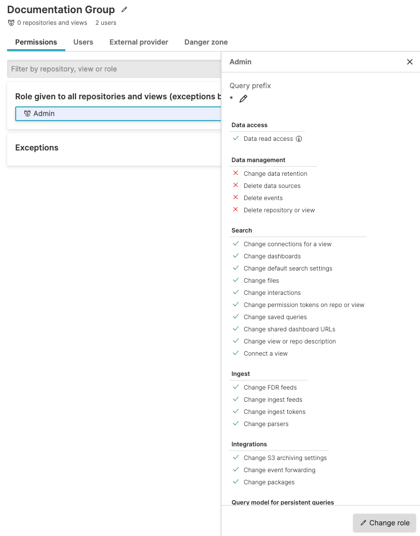 Screenshot of the LogScale group permissions management interface showing the Permissions tab with a 'Change role' button. This screen displays the currently assigned role for the selected group and provides the entry point for modifying the group's permission set. The interface appears after selecting a specific group from the Groups list and navigating to its Permissions tab. This is the starting point in the workflow for adjusting a group's access rights, enabling administrators to update permission levels as organizational requirements evolve without having to modify permissions for individual users.