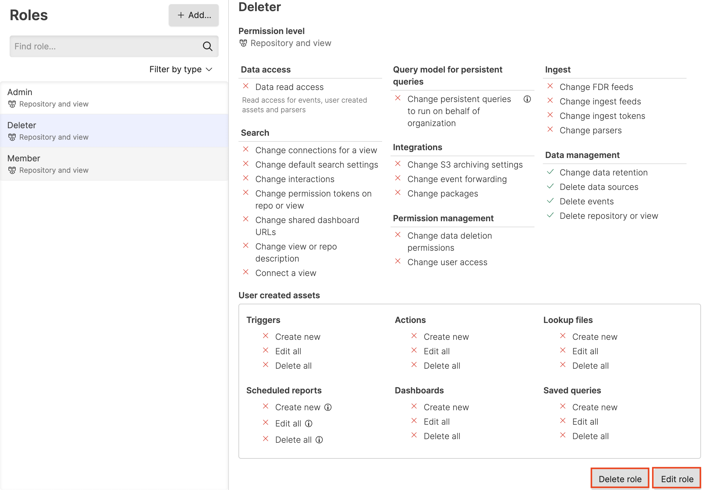 Screenshot of the LogScale role management interface showing a selected existing role with two action buttons: 'Edit role' for modifying the role's permission settings and 'Delete role' for removing it from the system. This interface appears after selecting a role from the main Roles page and serves as the starting point for administrators to maintain existing roles by either updating their permission assignments or removing roles that are no longer needed. The screen likely displays information about the selected role, including its name and current permission settings.