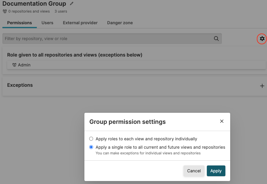 Screenshot of the LogScale permissions configuration interface showing the group permissions settings panel. The interface displays the 'Permissions' tab with controls for applying default permissions to repositories and views. A settings cog icon is visible which, when clicked, allows administrators to assign roles that will apply either globally to all repositories and views or selectively to individual ones. The panel includes options for setting the default role and adding exceptions for specific repositories that require different permission levels.