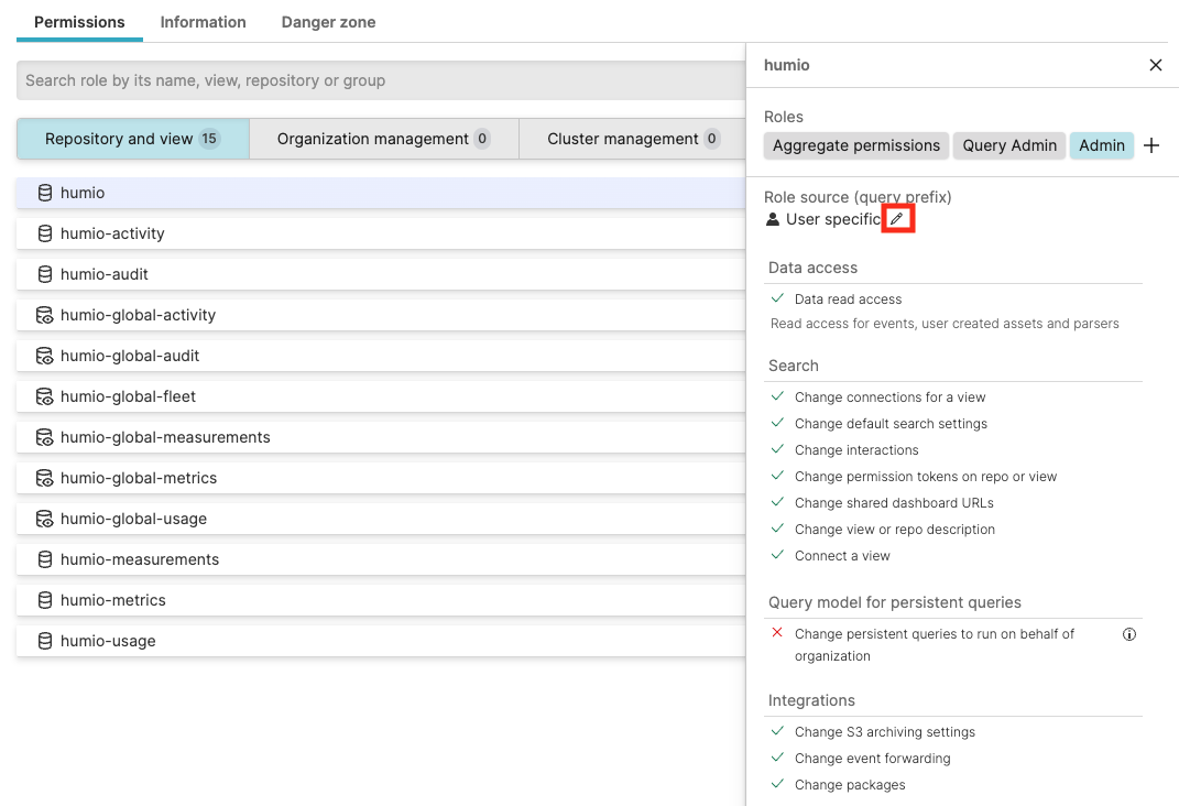 Screenshot of the LogScale user permissions interface showing the Role Source section with an edit pencil icon. This screen displays a selected user's currently assigned roles and provides the entry point for modifying role assignments. The interface appears after navigating to a specific user's permissions tab in Organization Settings and allows administrators to change existing role assignments or create new custom roles for the user, providing granular control over their system permissions.