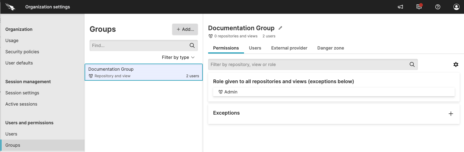 Screenshot of the LogScale interface showing a newly created group with no users assigned. The interface displays the group details page with an empty Users list and the assigned Admin role (or whichever role was selected) applied to the previously selected repositories or views. This screen appears immediately after completing the group creation process by clicking 'Create group' and serves as the starting point for adding users to the group or configuring role exceptions for specific repositories.