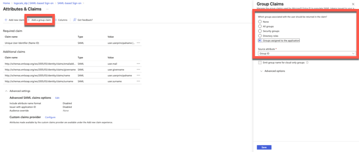 Screenshot of the Azure AD group claims configuration interface showing the '+ Add a group claim' button that administrators must click to configure group membership synchronization with LogScale. The image displays the UI where security groups and other user group associations are selected for inclusion in the SAML token. This critical step enables mapping Azure AD group memberships to LogScale permissions, allowing for automatic role assignment when users authenticate. The interface shows options for selecting the type of groups to include, with Security Groups typically being selected for role-based access control in LogScale.