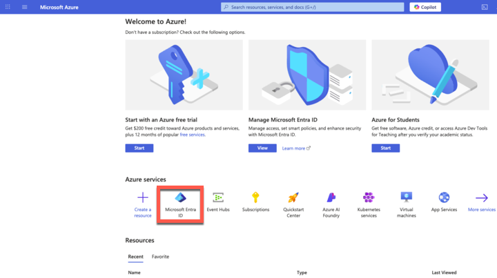 Screenshot of the Azure portal home page showing various service cards, with the Azure Active Directory card highlighted. The Azure Active Directory card appears as a rectangular tile with its logo (a stylized user silhouette inside a key-shaped border) and is the first service that needs to be selected when beginning the LogScale SAML configuration process with Azure AD. This is the initial navigation step where administrators click to access identity and access management settings.