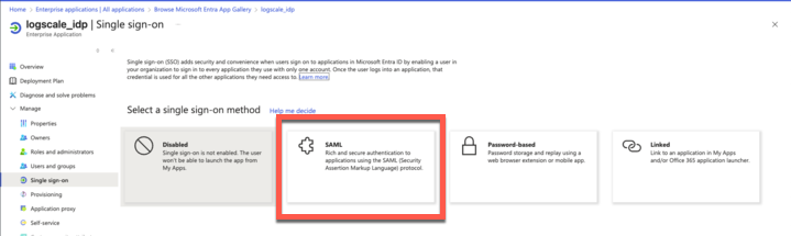Screenshot of the Azure portal showing the single sign-on method selection page for the LogScale application. The interface displays a list of authentication options with SAML highlighted and selected from among choices like password-based, OIDC, and other protocols. This is a critical step in configuring Azure Active Directory as an identity provider for LogScale, where administrators must select SAML to proceed with the federation setup.