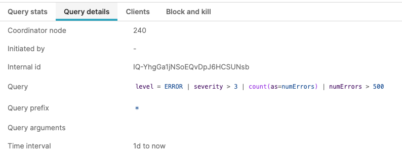Screenshot of the Query Details panel displaying comprehensive metadata about the selected query's execution context, including coordinator node, initiating user, internal ID, full query text, query prefix, arguments, time interval settings, timezone offset, and target repository. This panel helps administrators understand the exact query being executed, its origin, and its configuration parameters for troubleshooting purposes.