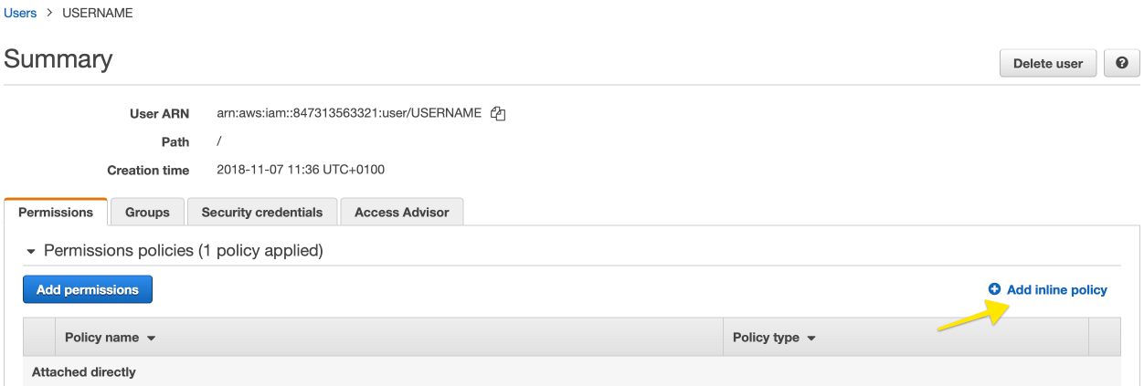 Screenshot of the AWS IAM console showing the interface for creating and attaching an inline policy to an IAM user for S3 archiving permissions. The image displays the policy editor with JSON code that grants specific S3 bucket access rights required for LogScale's S3 archiving functionality. The policy includes permissions for ListBucket, PutObject, and GetObject operations, with resource paths that specify both the bucket itself and its contents using the appropriate ARN format. This configuration screen demonstrates where administrators should paste the example JSON policy to properly configure an IAM user with the minimum necessary permissions for writing LogScale archived logs to an S3 bucket. The interface shows AWS's policy editor with syntax highlighting to help identify the policy components including Effect statements, Action lists, and Resource specifications. This permission configuration is essential for the IAM user-based authentication method for S3 archiving, though roles are now the recommended approach for production environments.