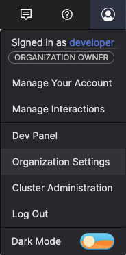 Screenshot of the LogScale user interface showing the Account Menu dropdown that appears when clicking on the user avatar in the top right corner. The menu displays various options with 'Organization Settings' highlighted, which allows organization owners to access configuration settings for their LogScale organization.