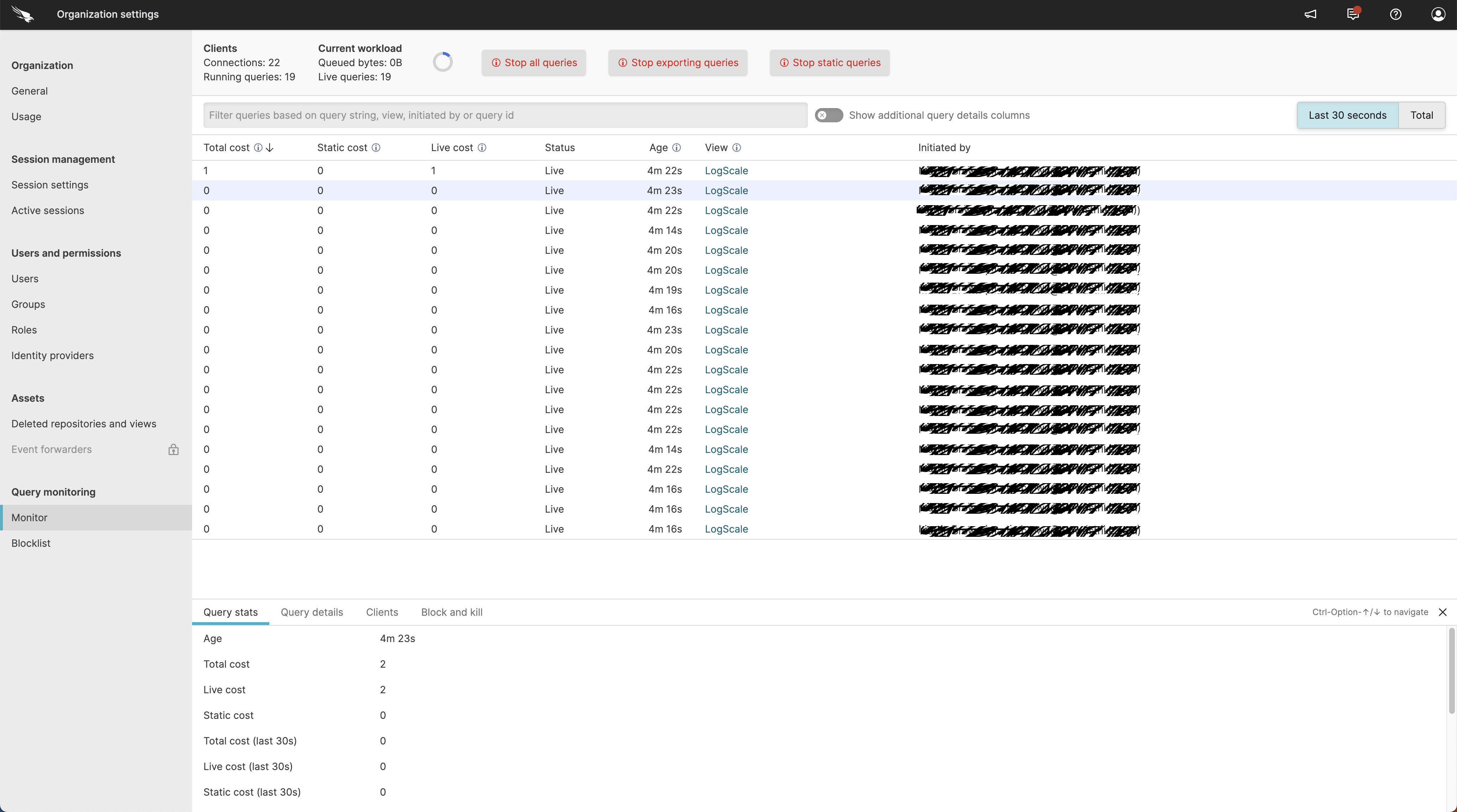 Screenshot of the LogScale Organization Query Monitor interface showing a tabular view of running queries with their resource usage metrics including total cost, static cost, and live cost. The interface displays query status information, query age, repository/view details, and user attribution, with controls for filtering queries and buttons to stop different query types. The panel allows administrators to monitor resource usage, identify costly queries, and take actions to kill or block problematic queries.