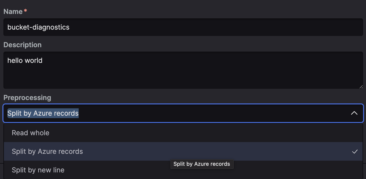Screenshot of the LogScale 'New Azure ingest feed' configuration dialog showing the initial setup interface for Azure Event Hub data ingestion. The image displays the first step in the Azure feed creation workflow where administrators enter the fundamental configuration parameters. The form includes several key input fields: a required Name field for providing a unique identifier for the feed, an optional Description field for documentation purposes, a Preprocessing dropdown for selecting how incoming data should be processed (with options for splitting by Azure records or new lines), and a required Parser selection field for choosing which parser will extract and structure the data. The interface follows LogScale's standardized configuration pattern with a clean, organized layout that guides administrators through the initial setup before proceeding to Azure-specific credential configuration in subsequent steps. This panel establishes the basic parameters that determine how Event Hub data will be processed when it reaches LogScale, setting the foundation for the complete Azure data ingestion pipeline.