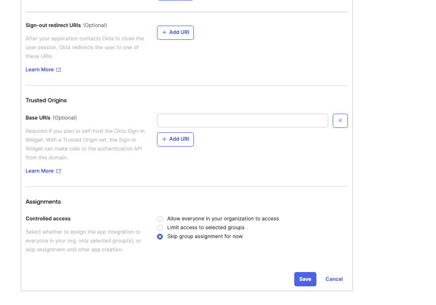 Screenshot of the Okta "Create OpenID Connect App Integration" form showing the application configuration options including App integration name field, logo upload option, and Grant type selection. This is the first part of the configuration form where basic application identity details are specified
