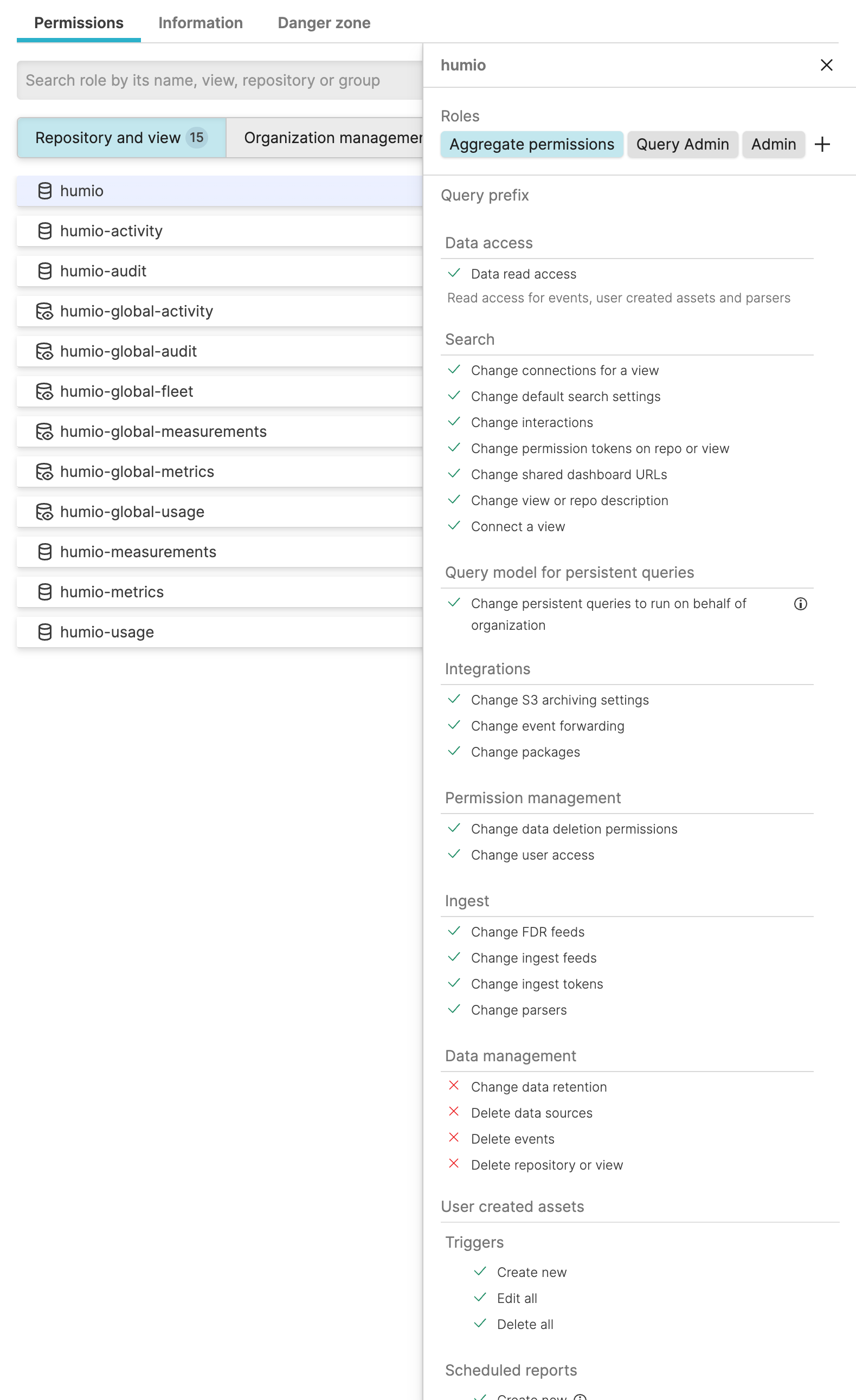 User interface panel showing the 'Show aggregate permissions' button in the Permissions section, which when clicked displays a consolidated view of all permissions a user has across multiple assigned roles for a specific repository.