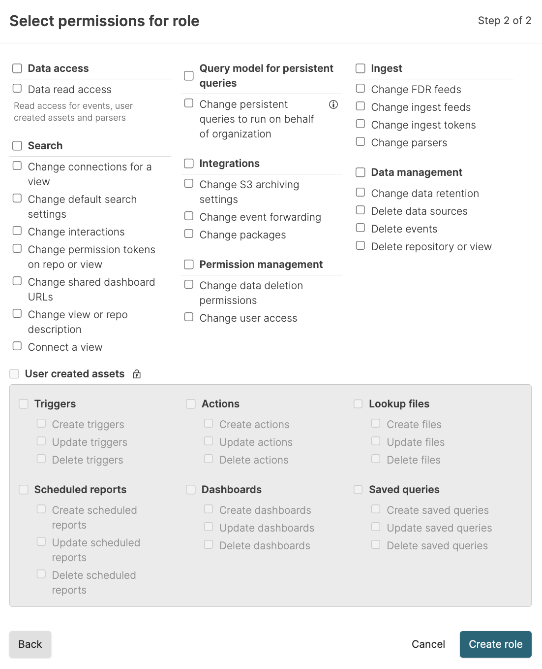 Screenshot of the LogScale permission configuration interface for role creation showing the 'Assign Permissions to Roles' panel. The interface displays a hierarchical list of checkboxes for selecting specific permissions to be granted to a role, with permissions organized by functional categories. The panel includes options for data access permissions, asset management permissions (for dashboards, files, and saved queries), and various administrative capabilities. At the bottom of the interface are 'Cancel' and 'Create role' buttons, allowing users to either abandon the role creation process or confirm the selected permissions and create the new role with the specified access rights.