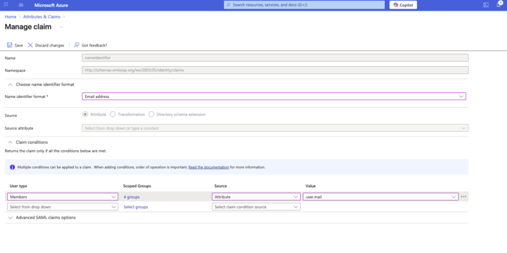 Screenshot of the Azure AD group configuration interface showing the process of assigning user types to Azure AD groups for LogScale integration. The image displays the section where administrators click under 'Scoped Groups' to select newly created groups and specify user types (Members or Admin) with 'user.mail' set as the attribute value.