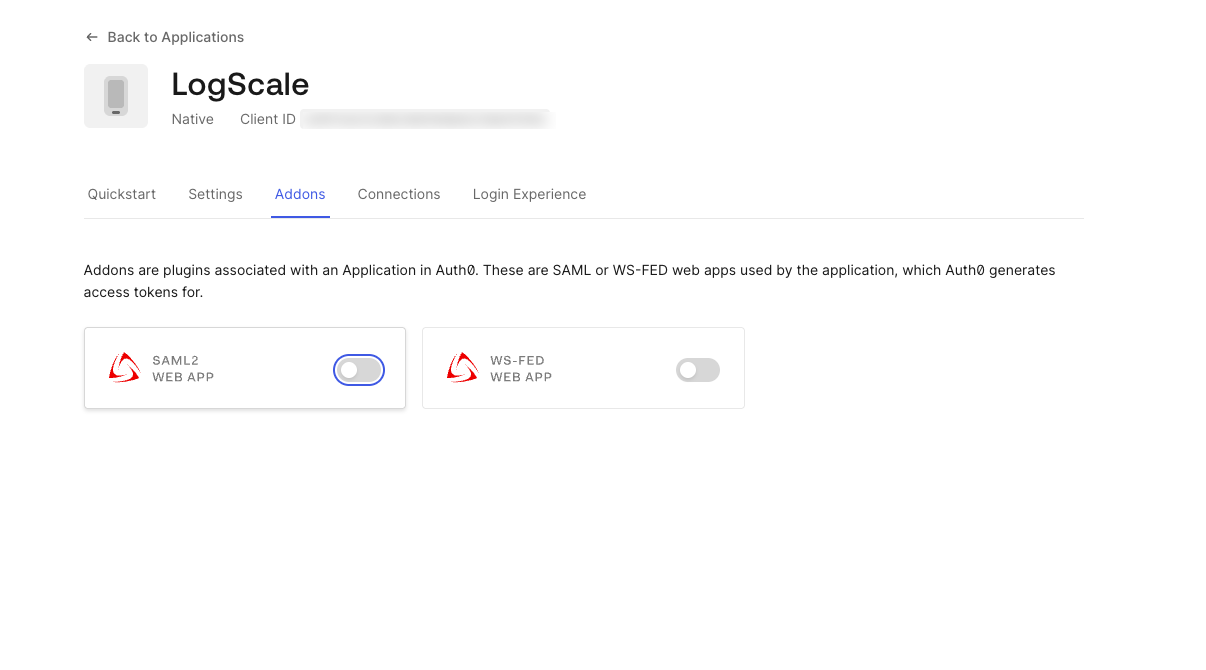 Screenshot showing option to enable the SAML 2.0 integration option in the Auth0 add-ons section, which needs to be enabled for LogScale SAML authentication.