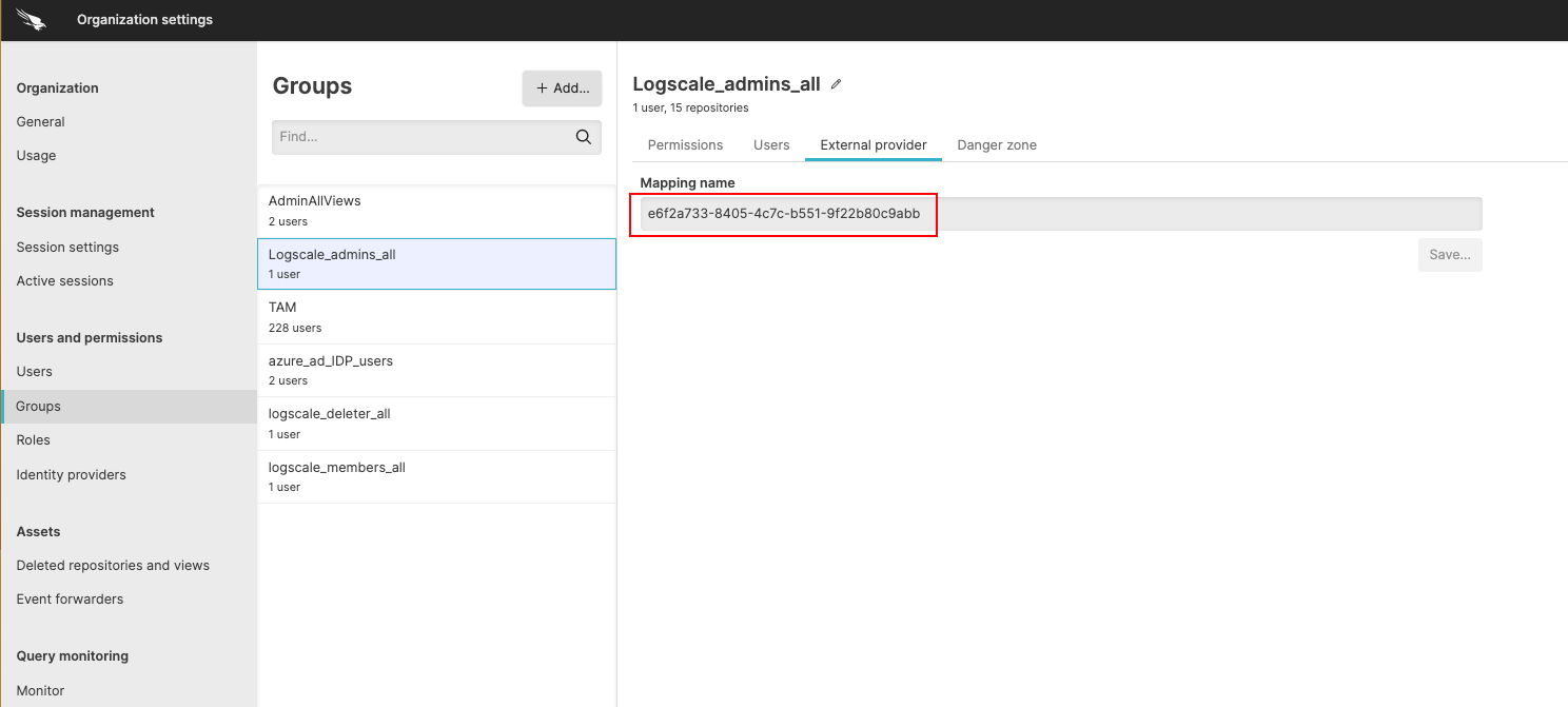 Screenshot of the LogScale group configuration interface showing the External provider tab where an Azure AD Object ID is being entered into the Mapping Name field. This interface demonstrates how to link Azure AD groups to LogScale groups by pasting the Object ID copied from Azure AD into the appropriate field in LogScale's group settings, which is a crucial step in the group synchronization process between Azure AD and LogScale.