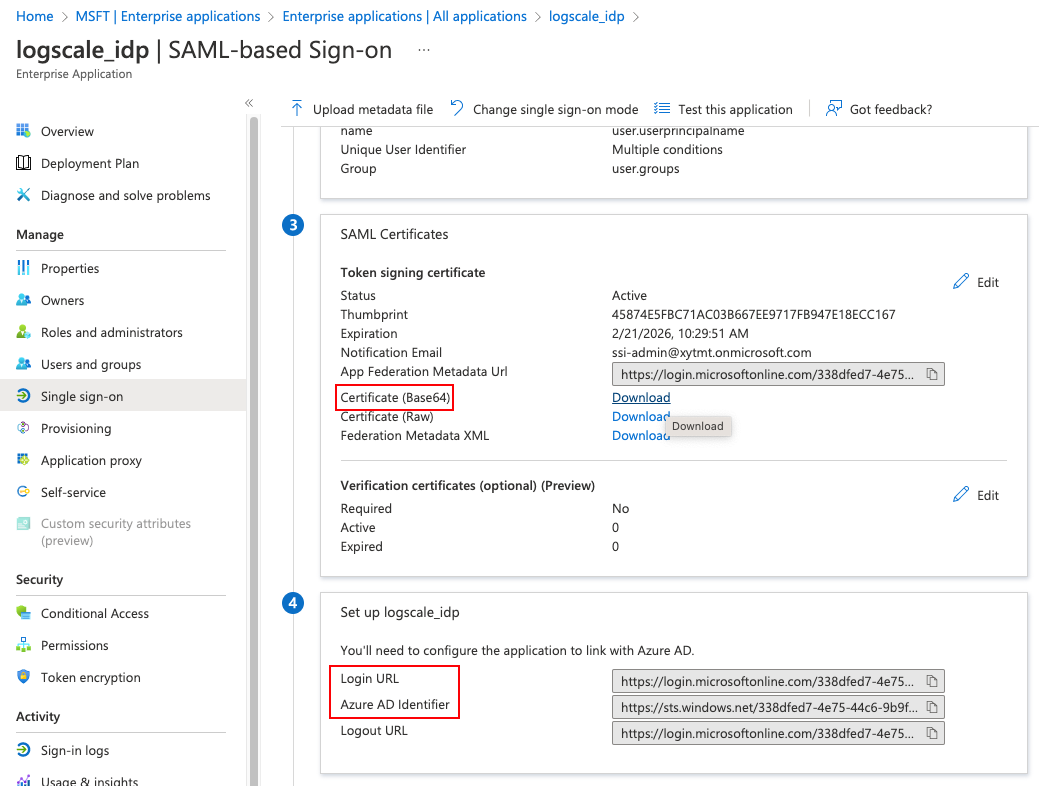 Screenshot of the Azure AD SAML-based Sign-on information page showing the essential federation parameters that administrators need to copy for LogScale configuration. The image displays the three critical values that must be collected: the 'Login URL' (SAML single sign-on service URL), the 'Azure AD Identifier' (issuer URL), and the 'Certificate (Base 64)' text that contains the authentication certificate.