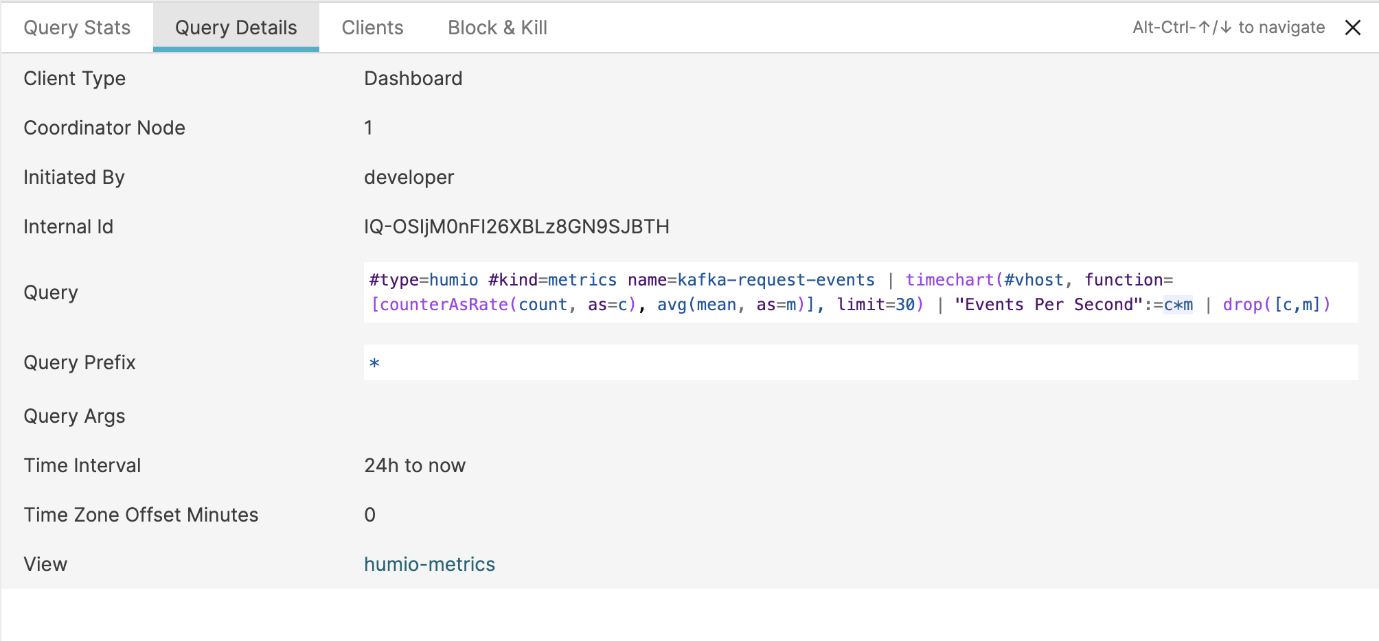 Screenshot of the LogScale Query Monitor Query Details Panel displaying comprehensive contextual information about a selected query. The panel shows execution metadata including Client Type, Coordinator Node, Initiated By user, Internal Id, the full Query text, Query prefix, Query arguments, Time Interval settings, Time Zone Offset Minutes, and the View or repository being queried. This detailed view provides administrators with complete context about query execution, allowing them to understand how and where the query was initiated, its exact syntax, applied filters, and execution parameters. The information helps with troubleshooting problematic queries by showing their complete execution context.