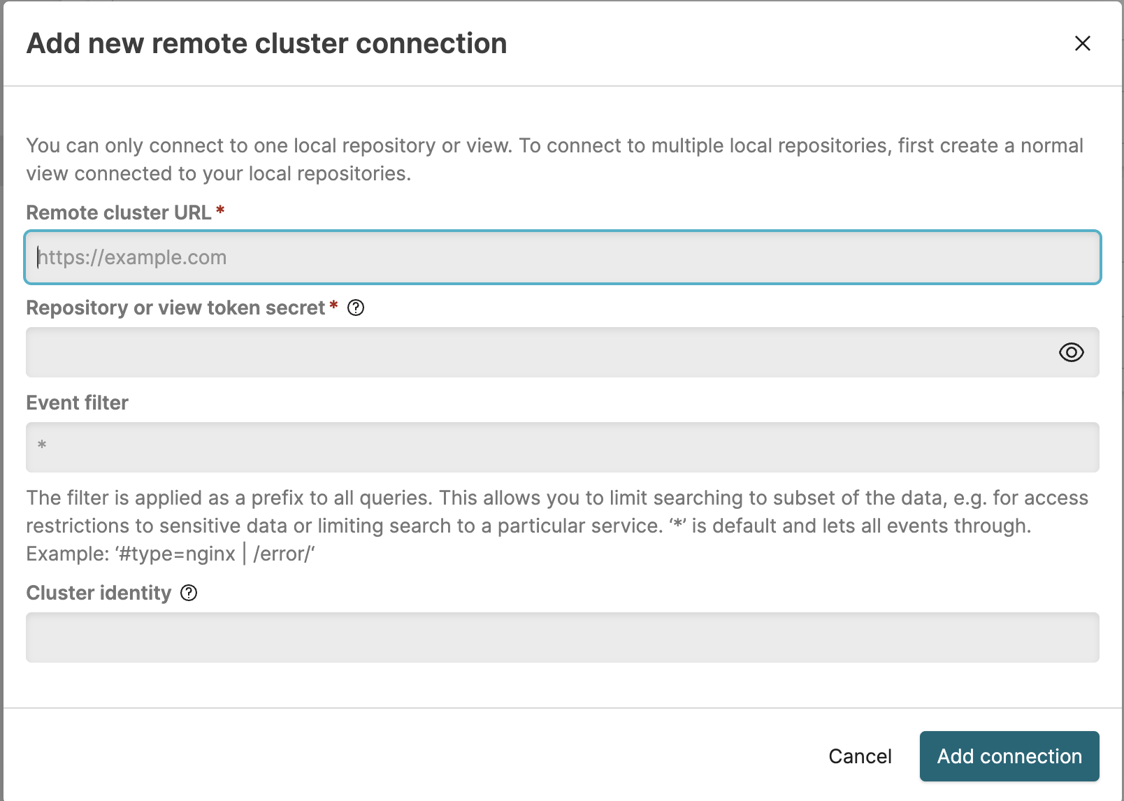 Add new connection dialog with cluster URL and token fields