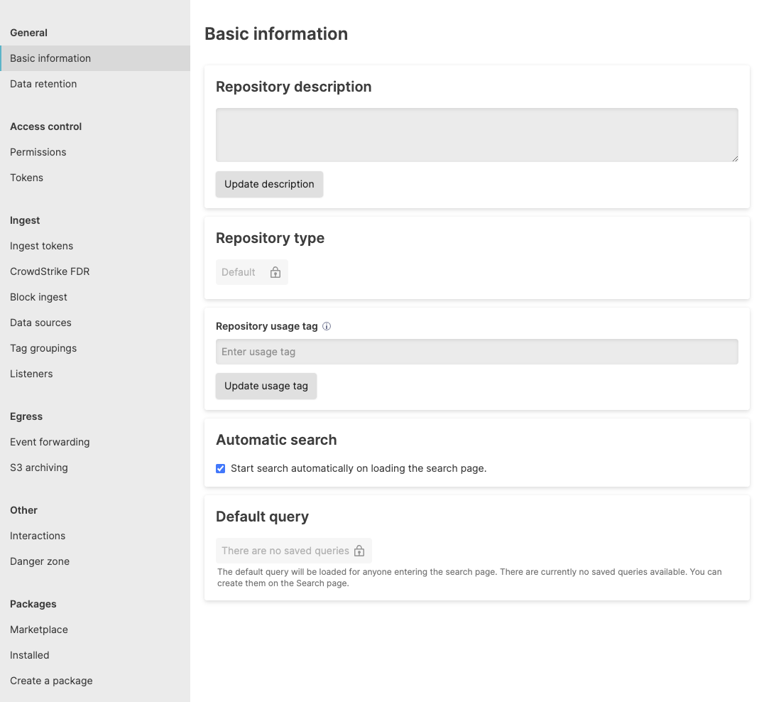 Repository settings page showing the Tokens option in the sidebar