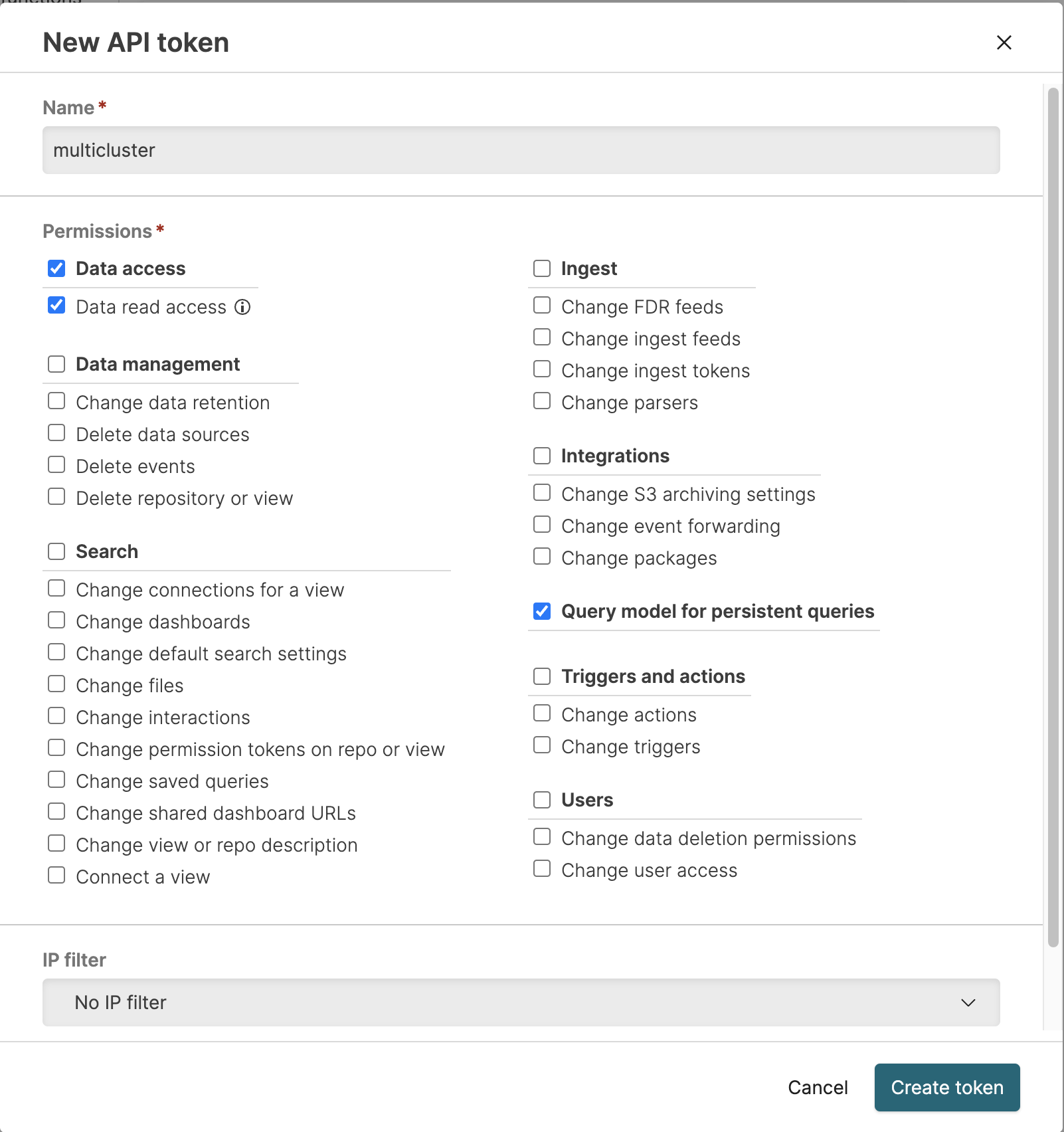 Create token dialog showing permission selection and token name field