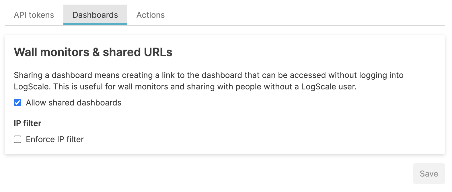Dashboard security policy configuration interface displaying two main options: an "Allow read-only dashboards" checkbox at the top, and below it an "Enforce IP filter" section with a dropdown menu showing available IP filter options.