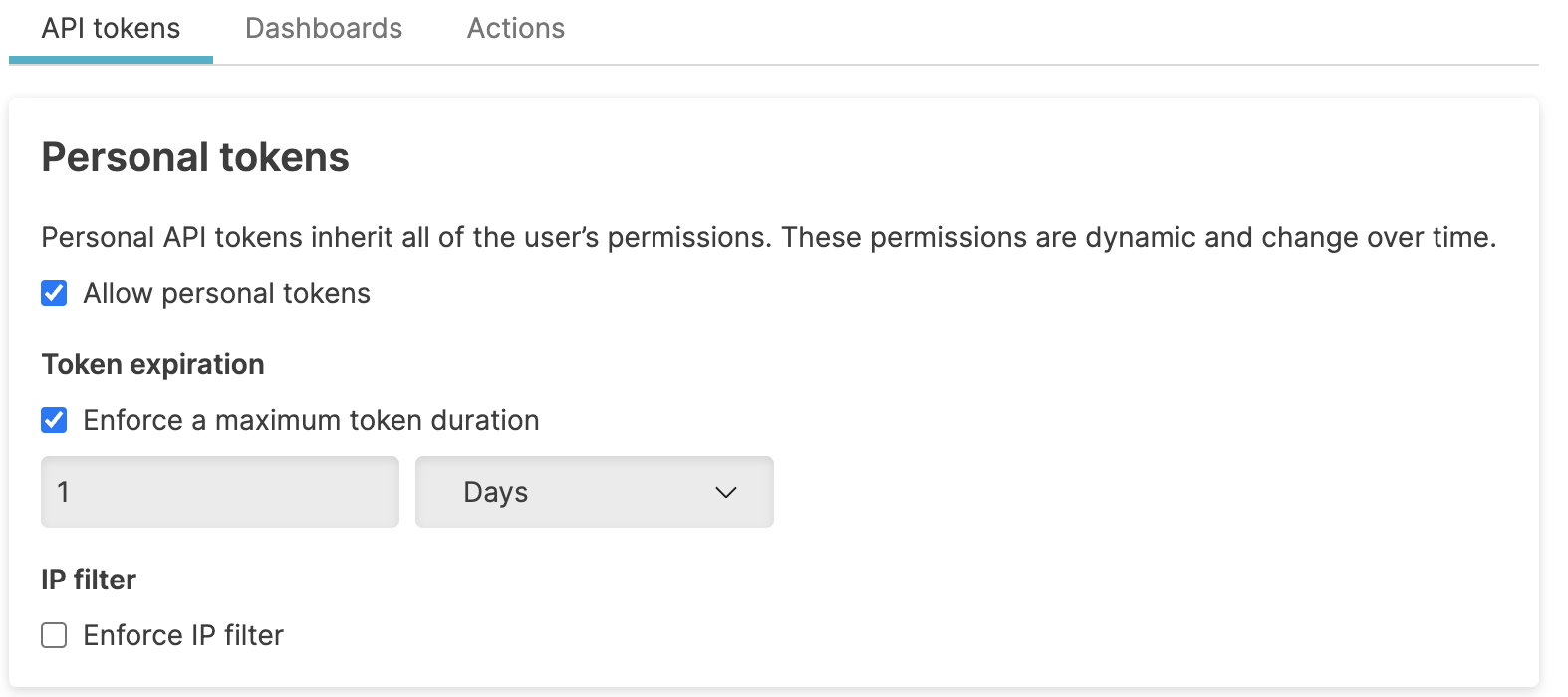Personal API token security policy configuration showing Allow personal tokens checkbox, Token expiration settings with duration fields, and Enforce IP filter dropdown.
