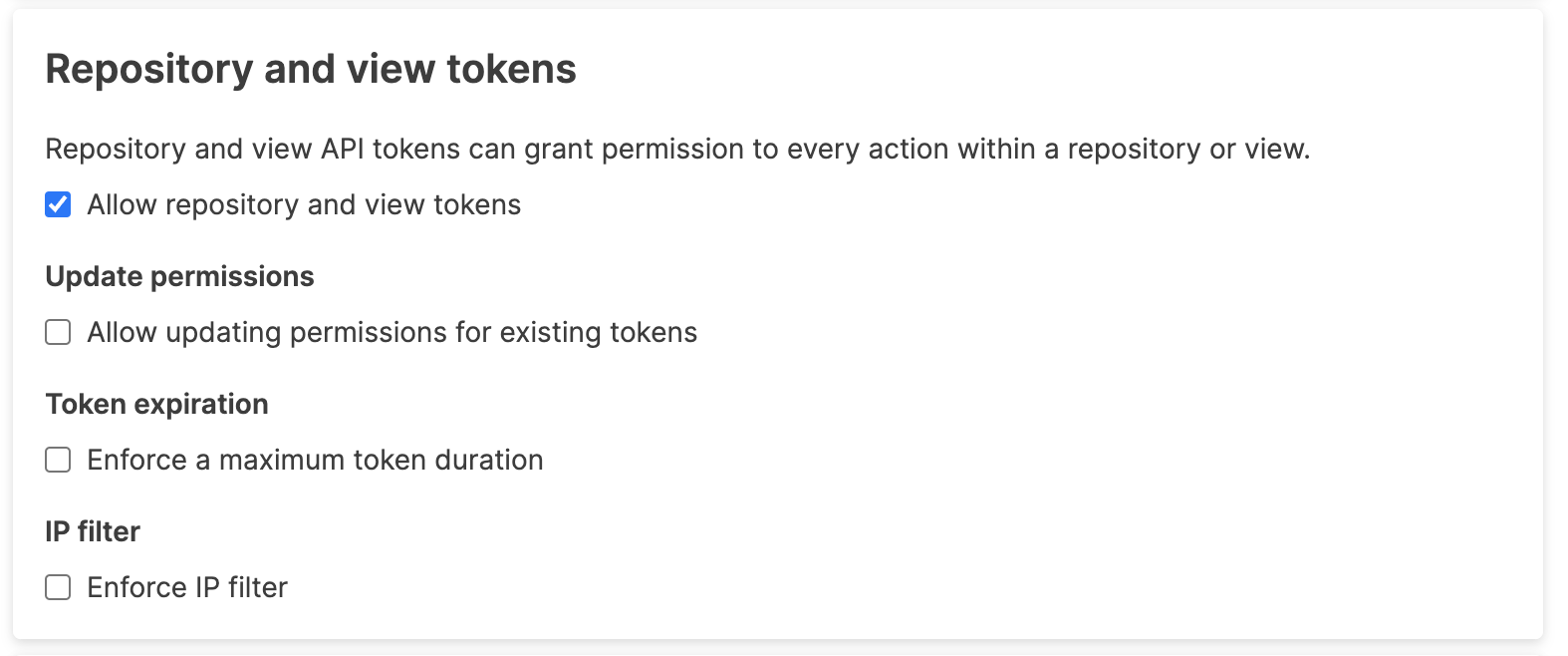 Repository and View API tokens security policy page displaying Allow repository and view tokens checkbox, Allow updating permissions checkbox, Token expiration controls, and Enforce IP filter options.