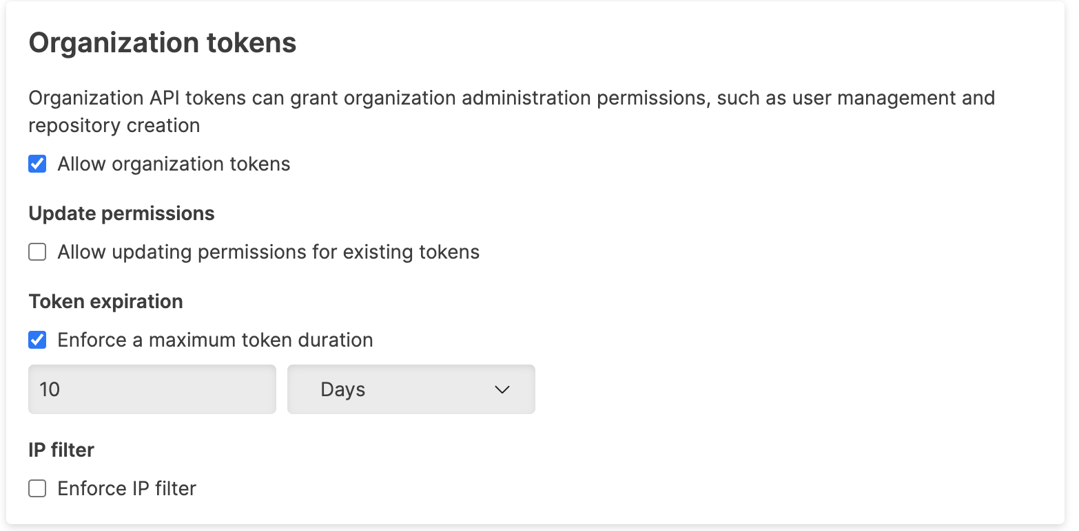 Organization API tokens security policy interface with Allow Organization API tokens checkbox, permission updating controls, token expiration settings, and IP filter enforcement dropdown.