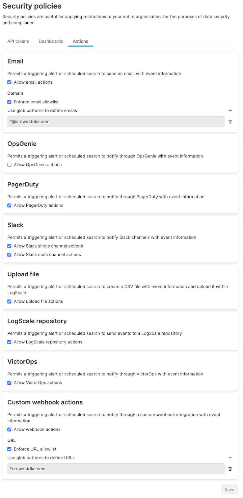 Actions security policies page with tabs for Dashboards, API Tokens, and Actions highlighted at the top, showing the main actions configuration interface.