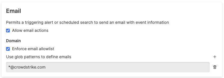 Email action security policy configuration displaying Allow email actions checkbox and Enforce email allowlist section with glob pattern input field showing *@crowdstrike.com example.