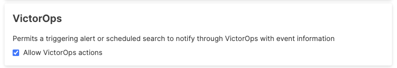 VictorOps action security policy settings page with Allow VictorOps actions checkbox for enabling or disabling VictorOps integration.